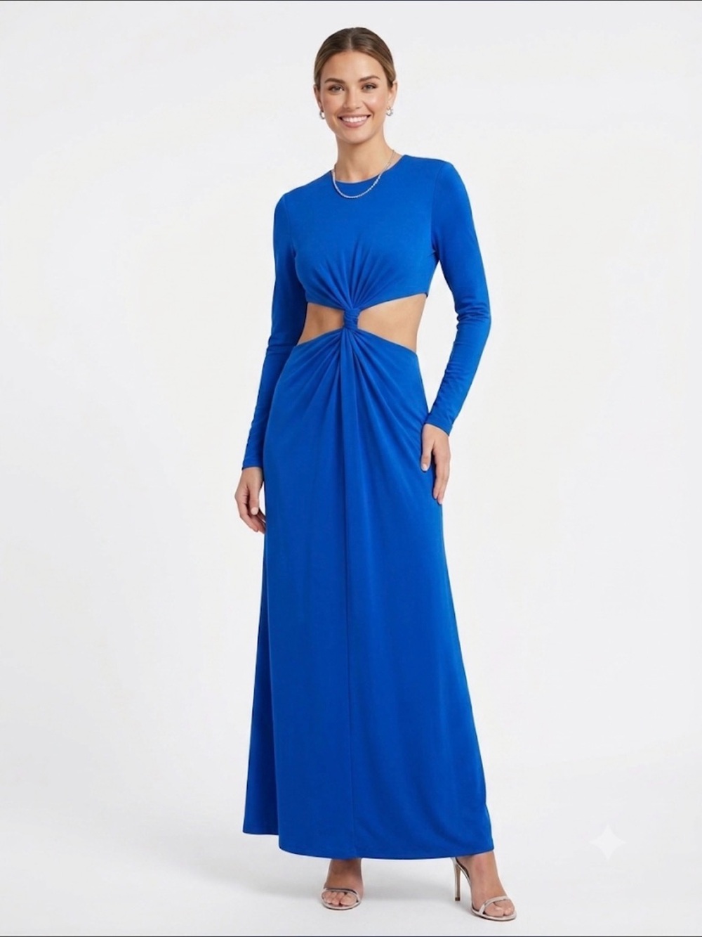 FARM Rio Cobalt Blue Long Sleeve Maxi Dress with Twist Cutouts